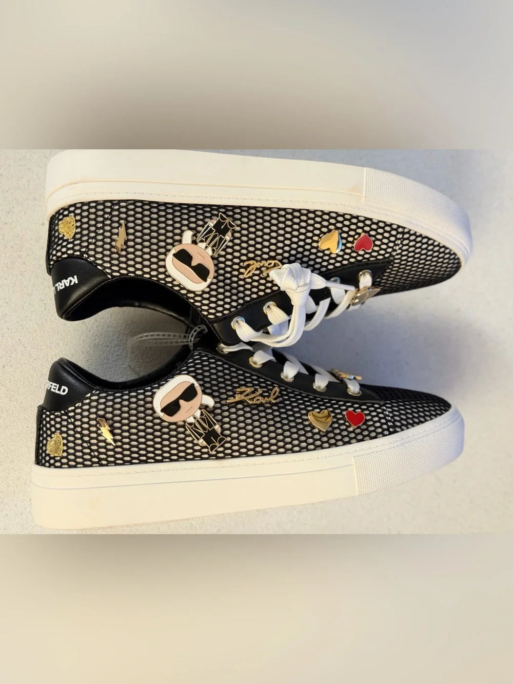 Karl Lagerfeld Black and White Mesh Low-Top Sneakers with Gold Accents